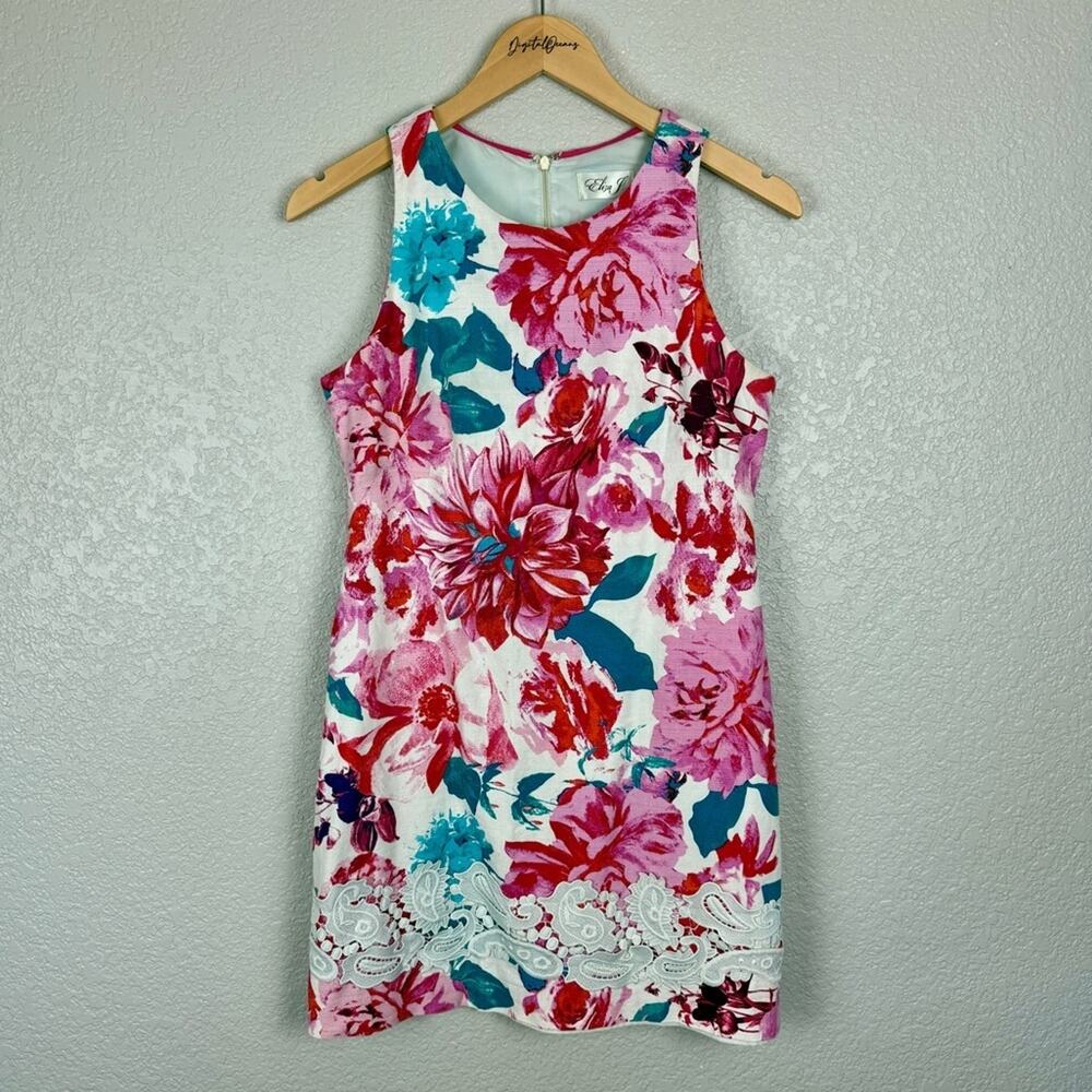 Eliza J Lace Trim Sleeveless Shift Dress 2 Floral Lace Romantic Pink Teal White - Picture 3 of 11
